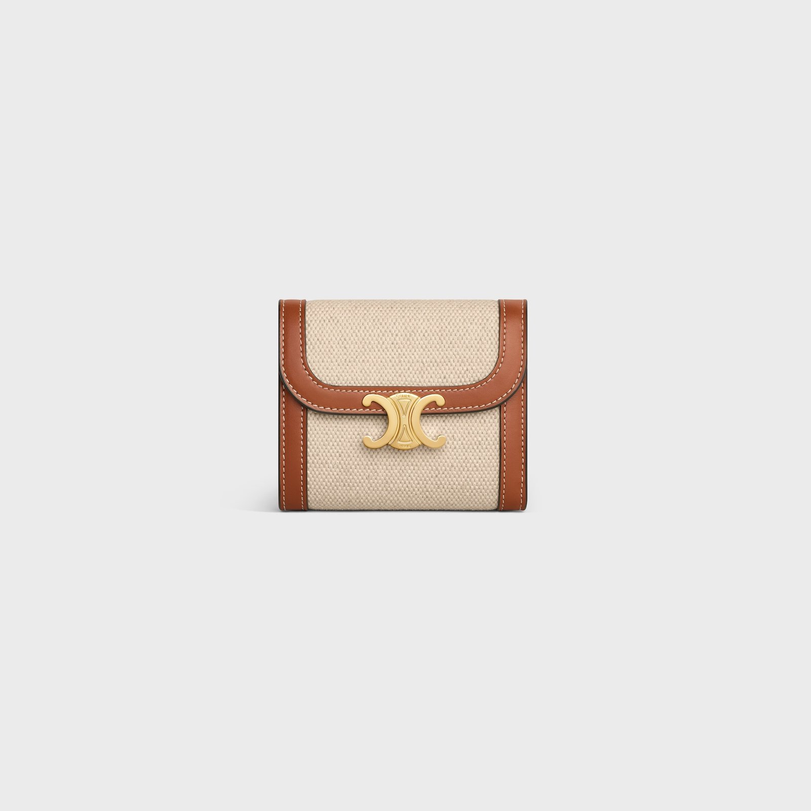SMALL FLAP WALLET TRIOMPHE IN TEXTILE AND CALFSKIN NATURAL / TAN